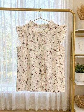 SHEIN Cream Floral Ruffle-Sleeve Button-Front Blouse